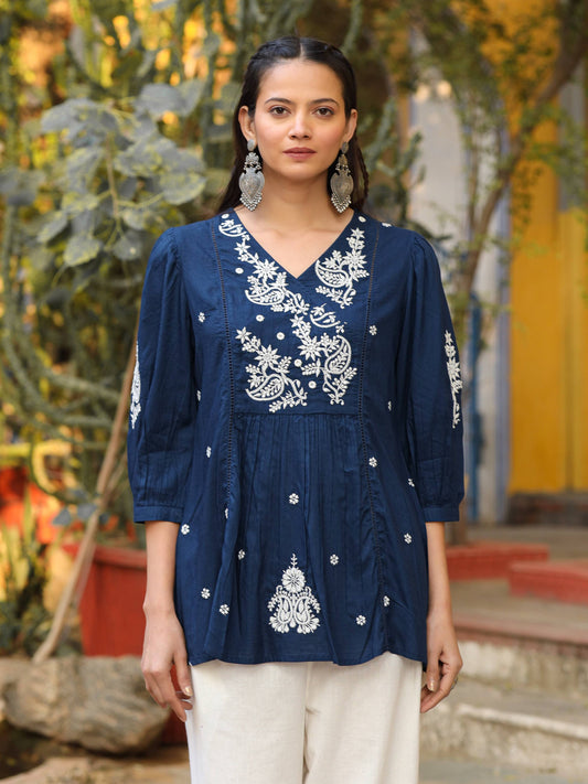 Juniper Women Navy Blue Rayon Embroidered Tunic