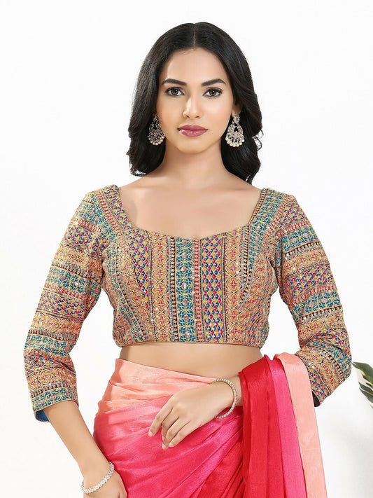 Joban Fashion Blue Multi Silk Padded Blouse With Sweetheart Neck 3/4 Sleeves