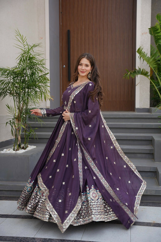 Teeya Creation Violet Color Pure Diamond Silk Wedding Wear Long Gown