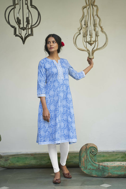 Blue Cotton Paisley Printed A line Kurta - Prasuti