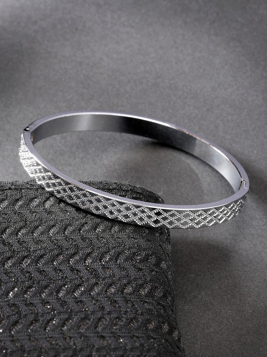 NVR Men's Silver-Plated Stainless Steel Kada Bracelet