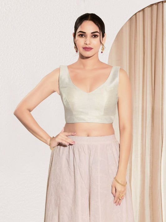 Joban Fashion Off White Mulberry Silk Padded Blouse With Round Neck Sleeveless