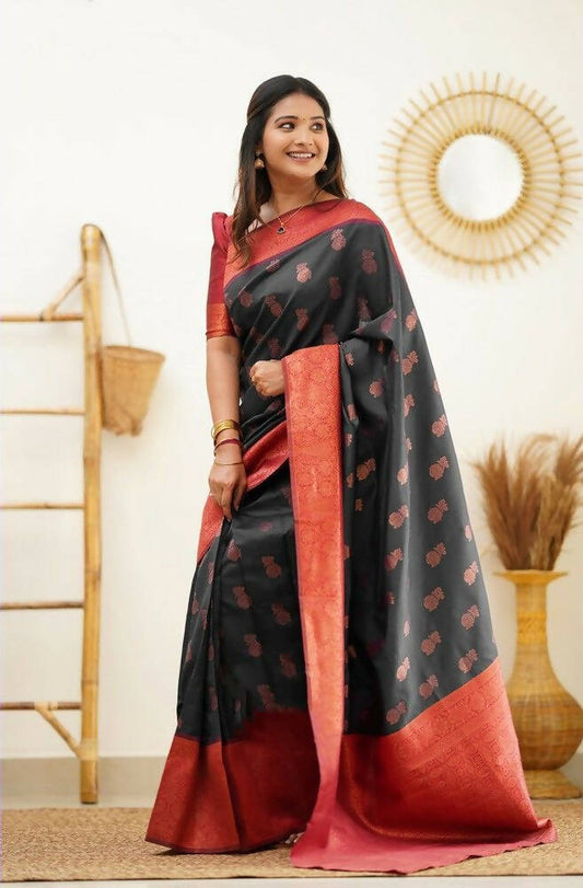 DEIANA'S Beautiful Designer Golden zari Soft Lichi Silk Saree - Black