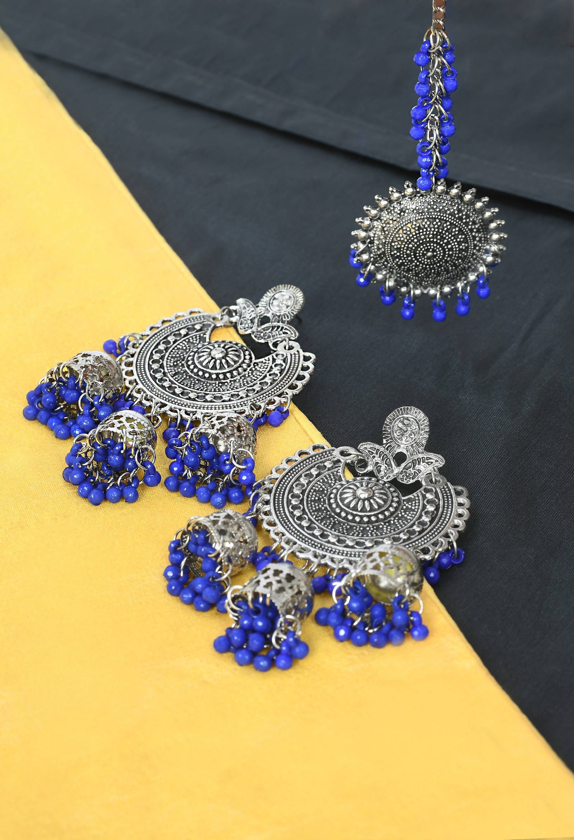 Mominos Fashion Johar Kamal Silver Jhumkas With Maang Tikka Earrings - Grab2buy
