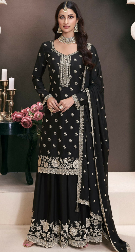 Anaita Black Chinon Embroidered Thread Work Stitched Salwar Suit