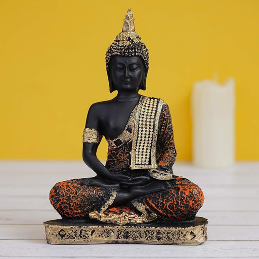 Grab2Buy Golden, Orange, and Black Polyresin Meditating Lord Buddha Statue