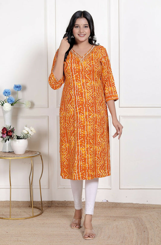 Miravan Womens Yellow Bandhani Printed Straight Kurti | Grab2Buy