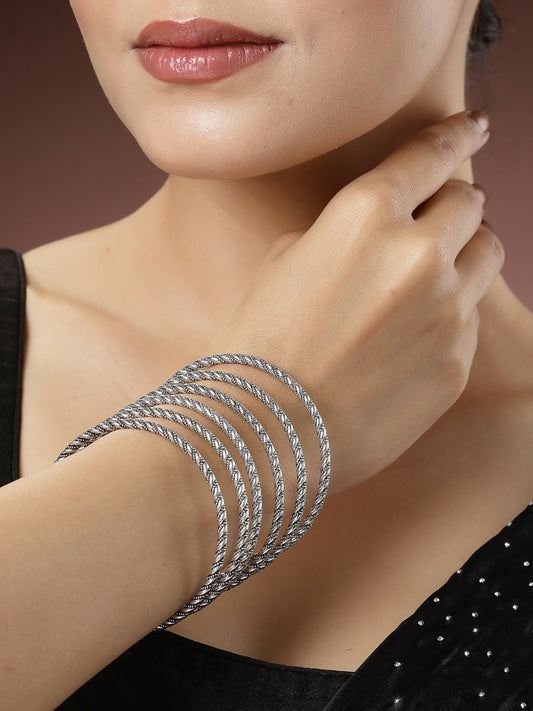 NVR Women's Set of 6 Silver-Toned German Silver Oxidised Bangles