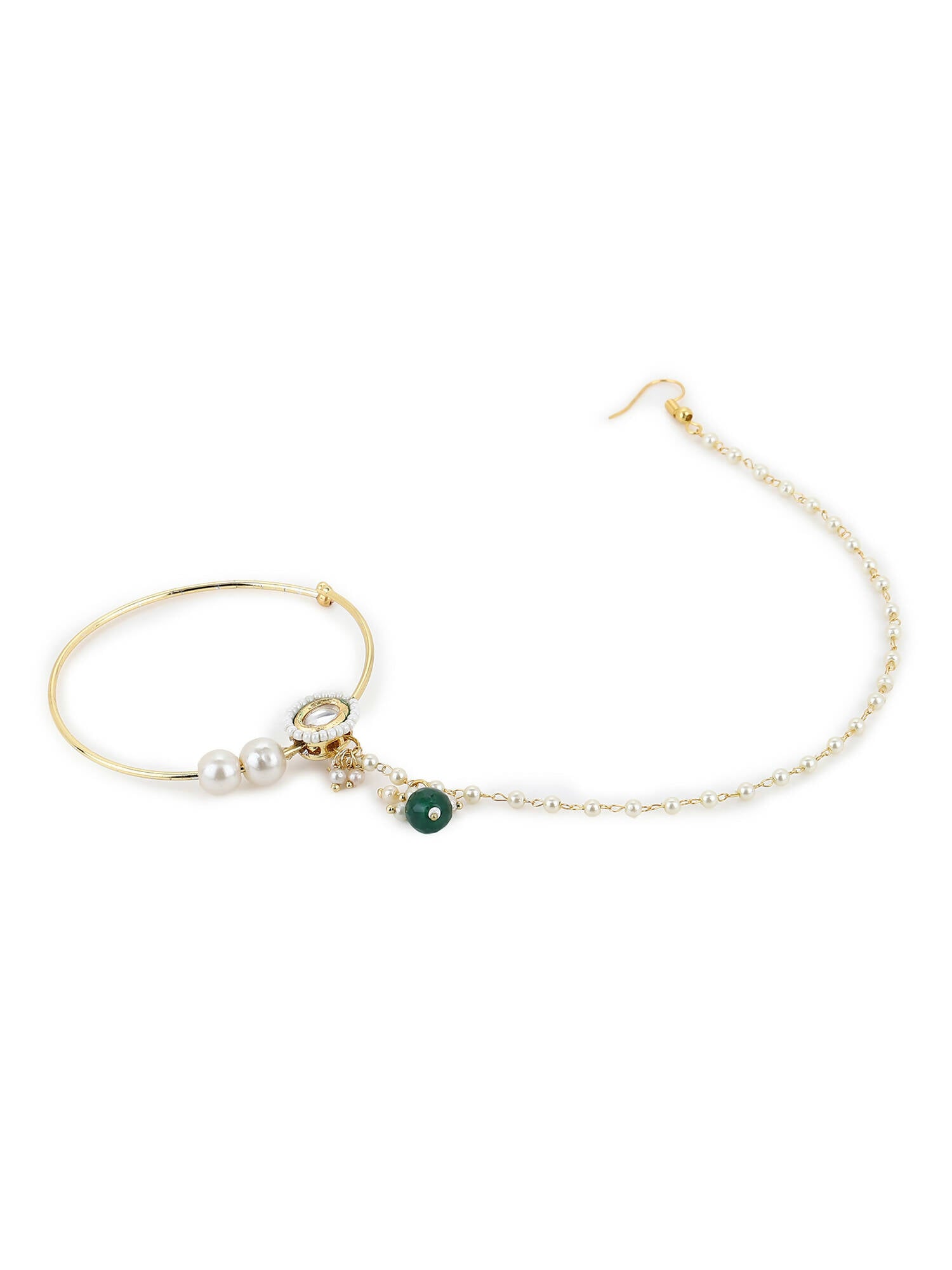 Gold-Plated White Green Kundan-Studded Pearl Beaded Nosepin - Ruby Raang - Grab2buy