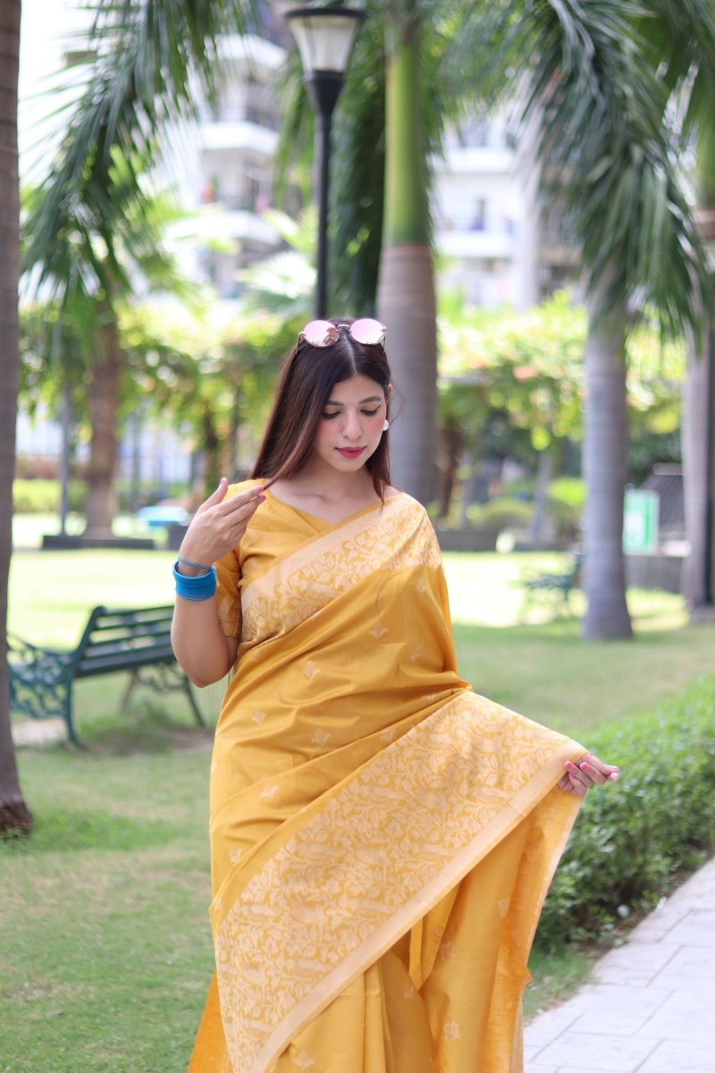 Aastha Fashion Yellow Woven Handloom Raw Silk Saree with Blouse - Grab2buy