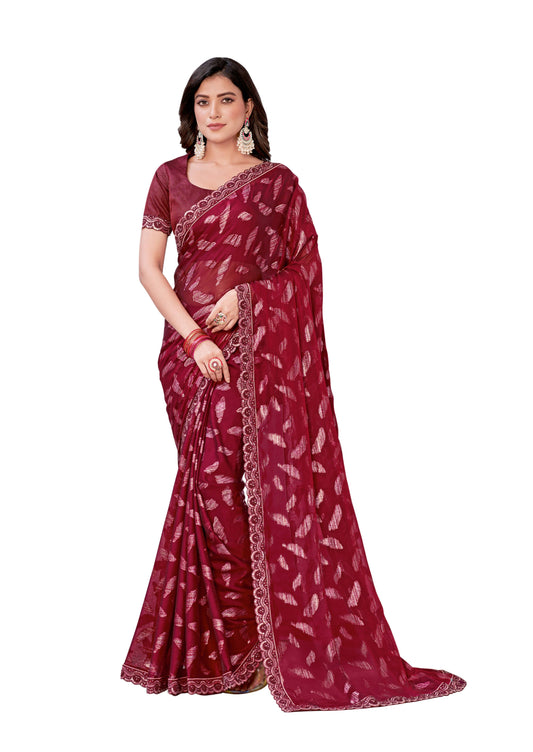 Red Georgette Zari Jacquard Embroidered Border With Sequence Work Saree With Unstitched Blouse Piece - Norita Zaina