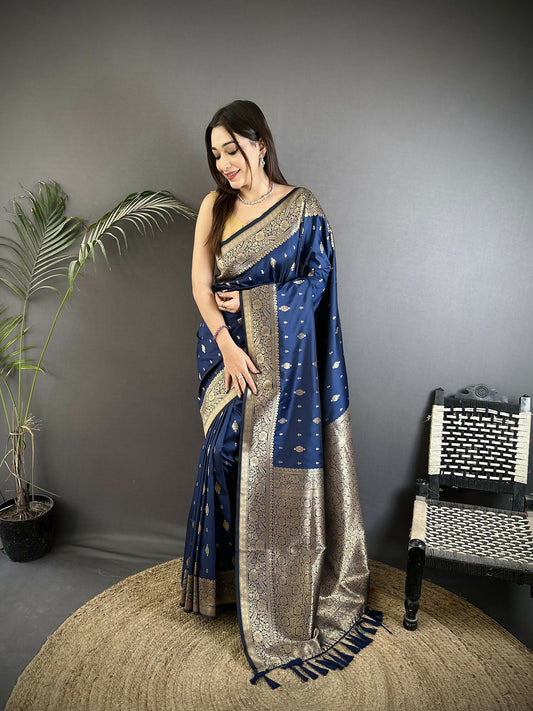 Joban Fashion Navy Blue Zari Weaving Motif Lichi Silk Banarasi Silk Saree