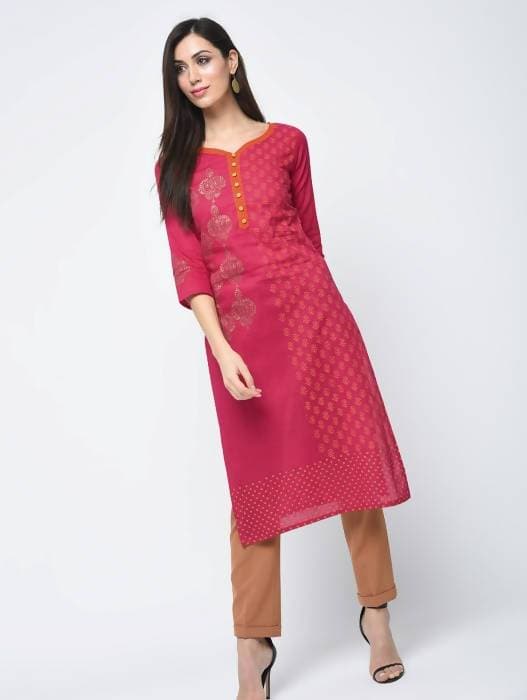 Aniyah Cotton Block Printed Traditional Straight Kurta In Magenta Color (AN-125K) | Grab2Buy