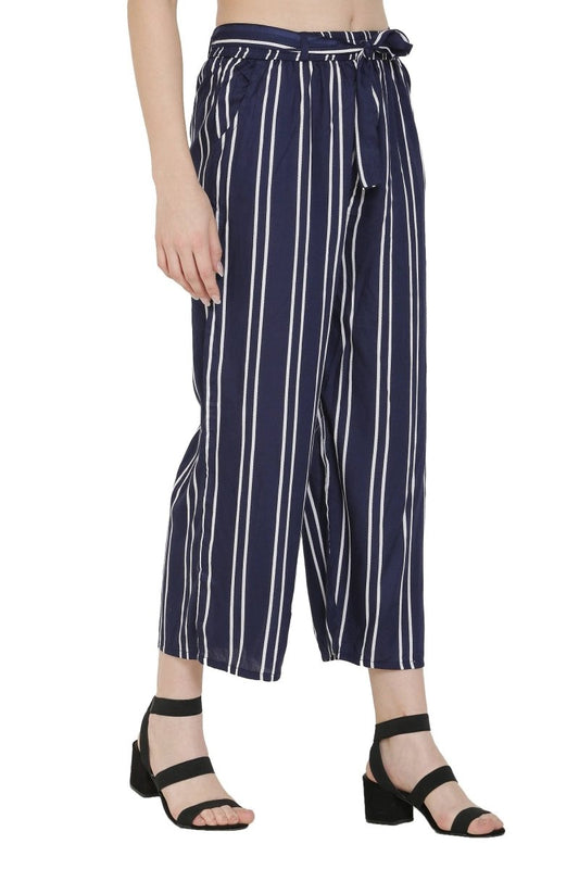 Asmaani Navy Blue Color Rayon Fabric Stripped Palazzo