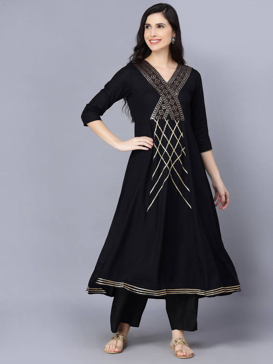 Myshka Women Black Printed Kurta with Dupatta