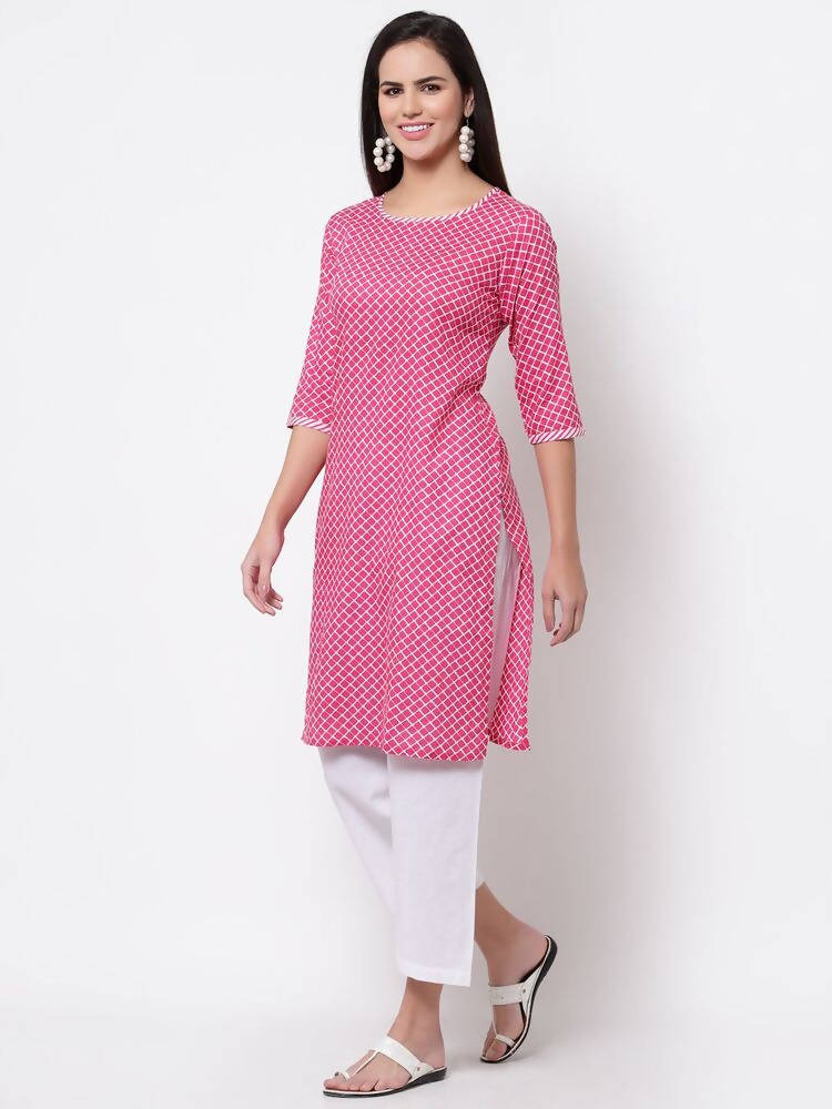 Myshka Women's Pink Cotton 3/4 Sleeve Round Neck Printed Casual Kurta