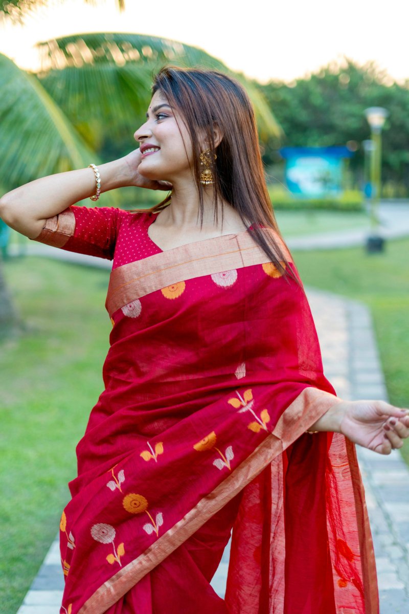 Aastha Fashion Red Woven Cotton Silk Saree with Blouse - Grab2buy