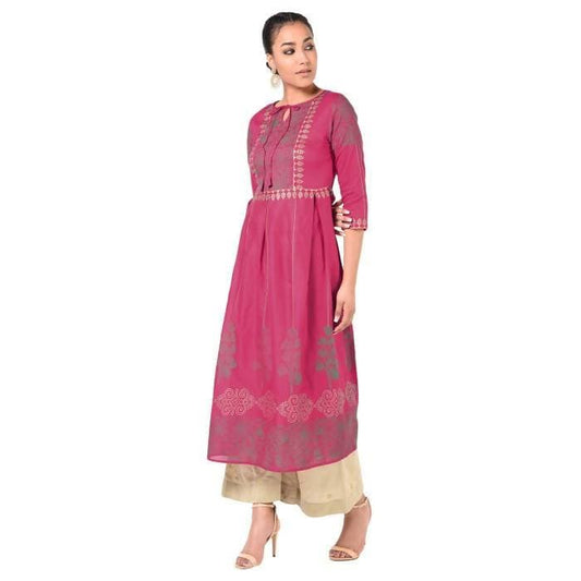 Aniyah Cotton Gold Print Flared Kurta Fuchsia (AN-163K) | Grab2Buy