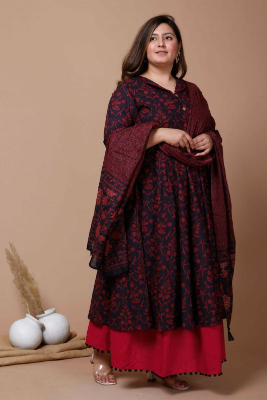 Miravan Women's Plus Size Navy Blue Printed Cotton Anarkali Kurta & Dupatta