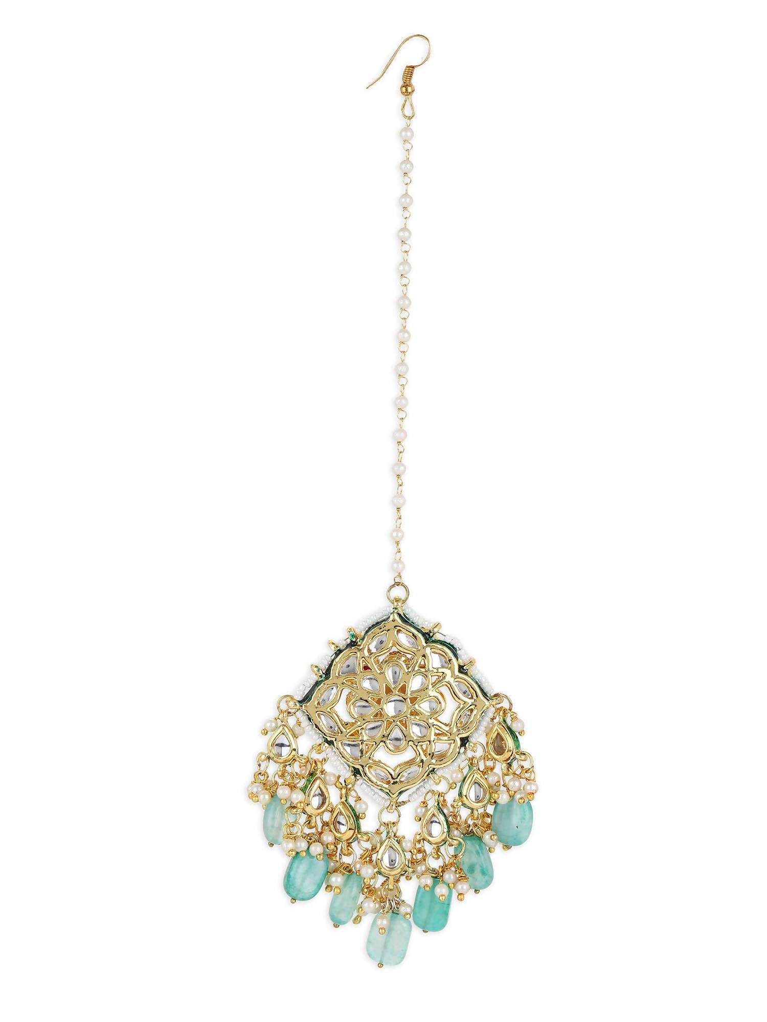 White Blue Gold-Plated Kundan-Studded Beaded Maang Tikka - Ruby Raang - Grab2buy