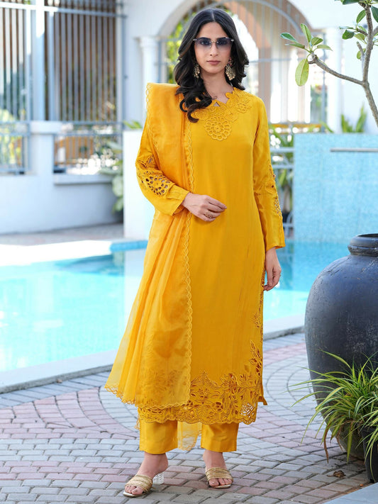 Nikhaar Yellow Embroidered Art Silk Stitched Straight Cut Kurta Pants Dupatta Readymade Suit