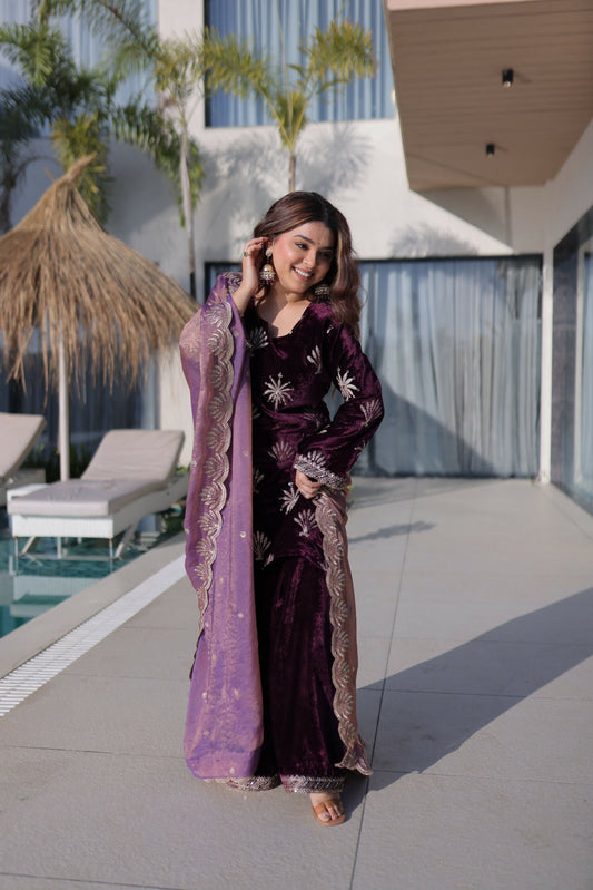 Joban Fashion Maroon Kurta Set Velvet Embroidery Sequence Work