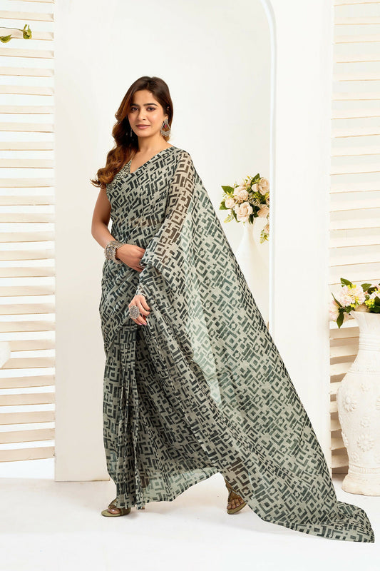 Joban Fashion Grey Geomatric Color Block Linen Ready To Wear Saree With Unstitched Blouse