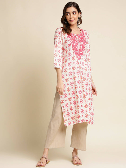 Pink Poly Rayon Aztec Printed Straight Fit Kurta - Prasuti