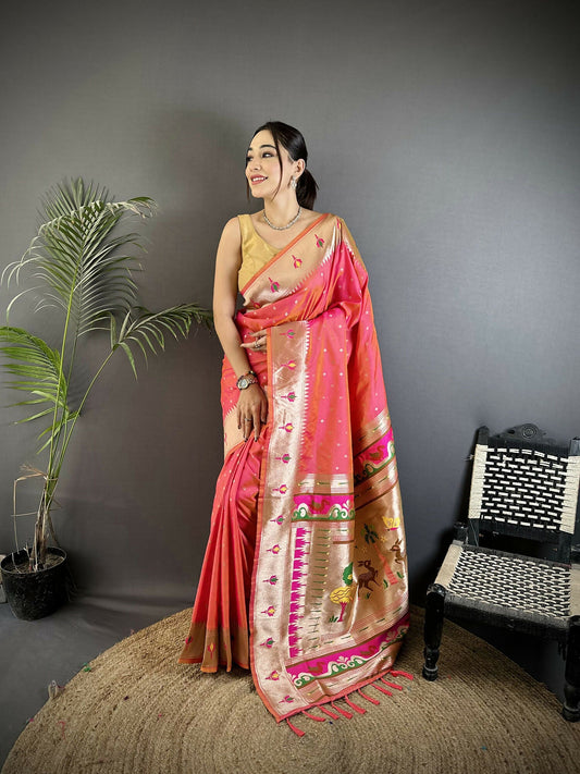 Joban Fashion Rose Pink Peacock & Floral Motifs Soft Lichi Silk Kanchipuram Saree