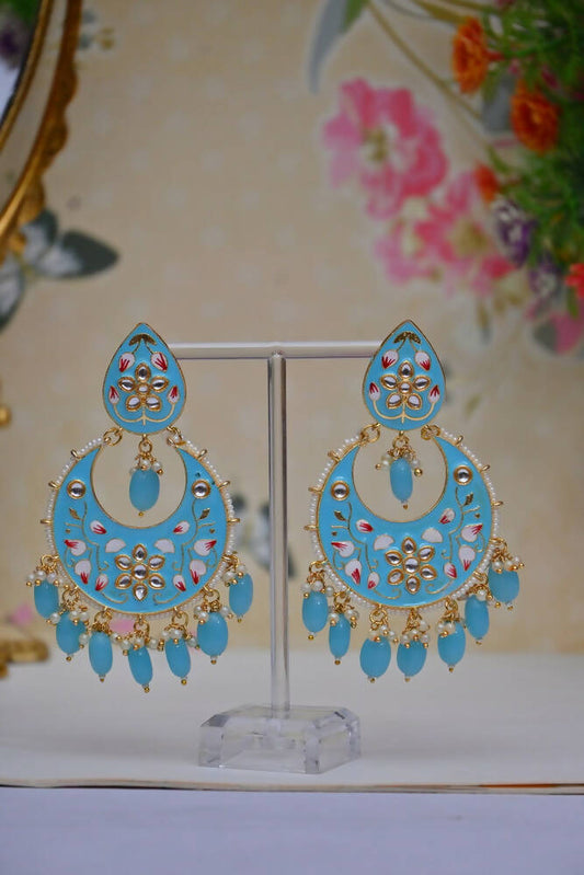 Gold Plated Brass & Pearl Dangle Women Blue Hand Painted Meenakari Chandbali Earrings By House of Ree - Grab2buy