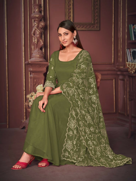 Jyoti Fashion Women's Olive Green Georgette Embroidered Anarkali Kurta Pant Set With Dupatta