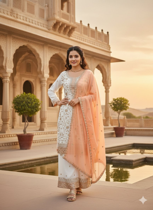 Teeya Creation White Color Faux Georgette Embroidery Work Long Party Wear Palazzo Suit