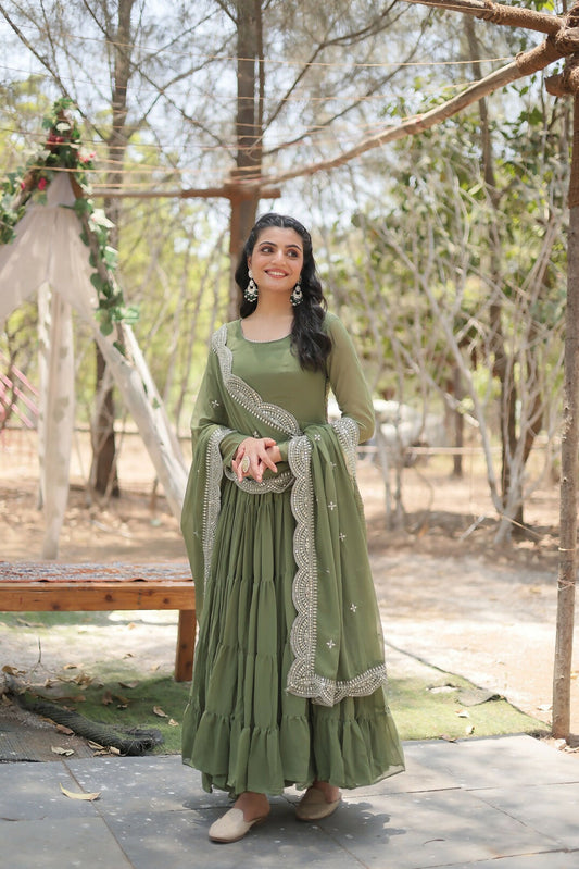Joban Fashion Mehandi Georgette Sequence Embroidery Work Kurta Set