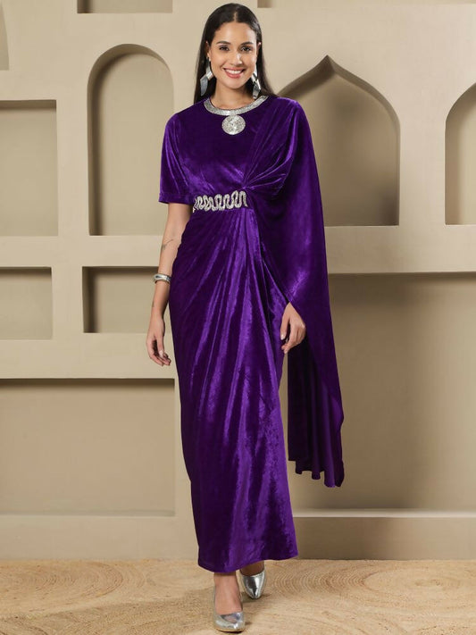 Joban Fashion Women Purple Velvet Hand Embellishment Stitched Dress