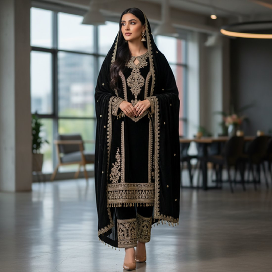Joban Fashion Black Velvet Embroidery Sequence Work Readymade Kurta Set