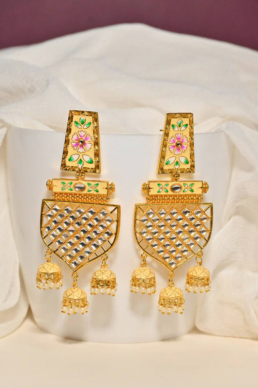 Traditional Gold-Plated Meenakari Beige Jhumka Jhumki Earrings By House of Ree - Grab2buy