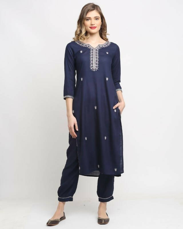 Aastha Fashion Women's Navy Blue Rayon Slub Jaipuri Printed Kurta with Trouser & Dupatta - Grab2buy