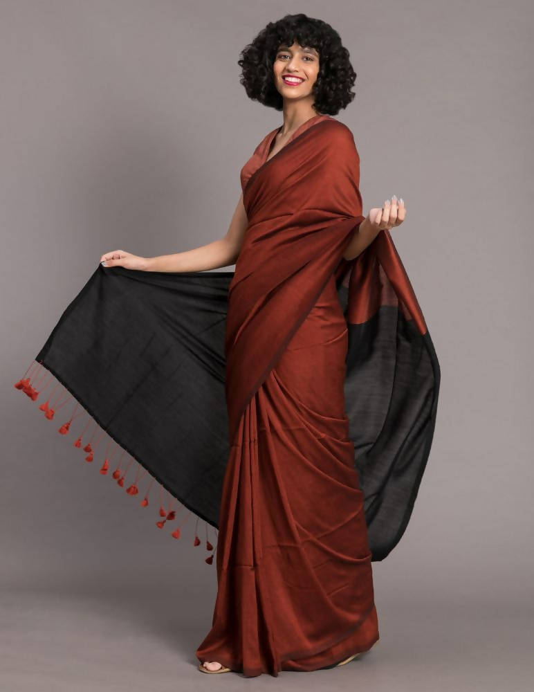 Suta Rust Brown Black Cotton Blend Colourblocked Saree - Grab2buy