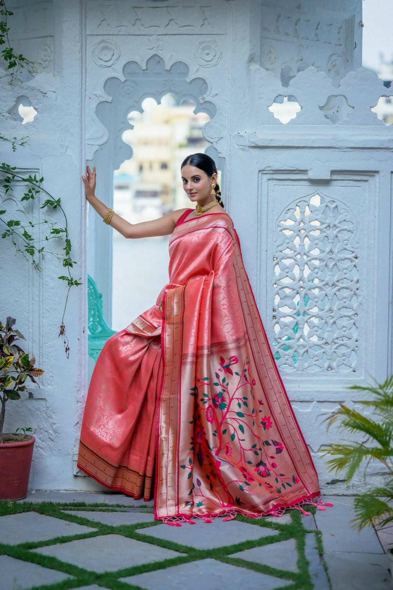 Aastha Fashion Peach Woven Kanjivaram Silk Saree with Blouse - Grab2buy