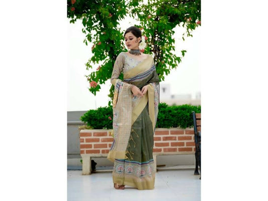 Aastha Fashion Women's Olive Tussar Silk Digital Printed Saree with Blouse - Grab2buy