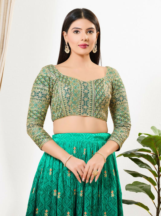 Joban Fashion Green Multi Silk Padded Blouse With Sweetheart Neck 3/4 Sleeves