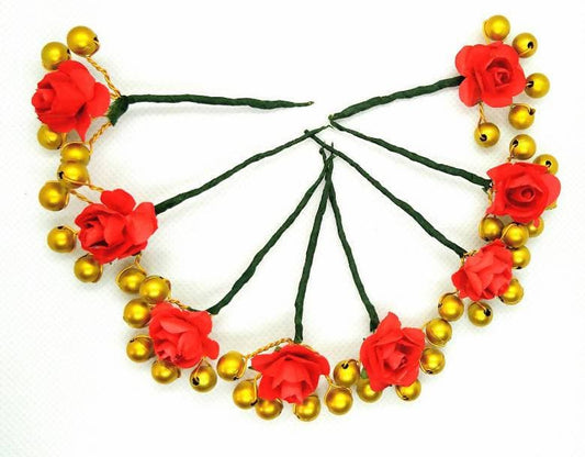 Red Rose Flower With Gold Beaded Hair Brooches (Set of 8 Brooches) Grab2Buy Mokshi Collections Grab2Buy