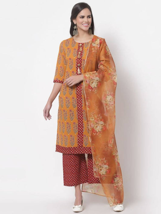 Myshka Women's Cotton Printed 3/4 Sleeve Round Neck Casual Multicolor Kurta Pant Dupatta Set