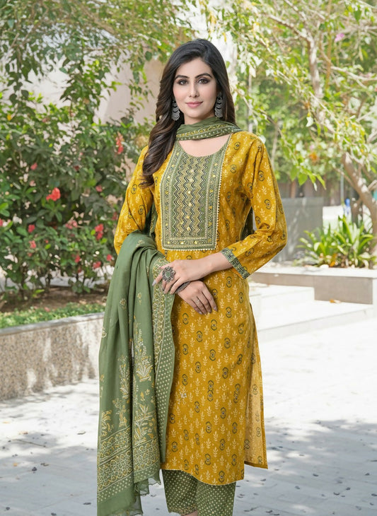 BulBul Aaliya Mustard Cotton Kurta Set with Dupatta