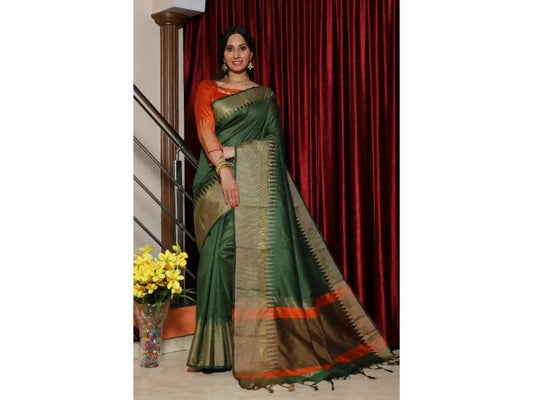 Aastha Fashion Women's Green Raw Silk Temple Zari Woven Saree with Blouse - Grab2buy