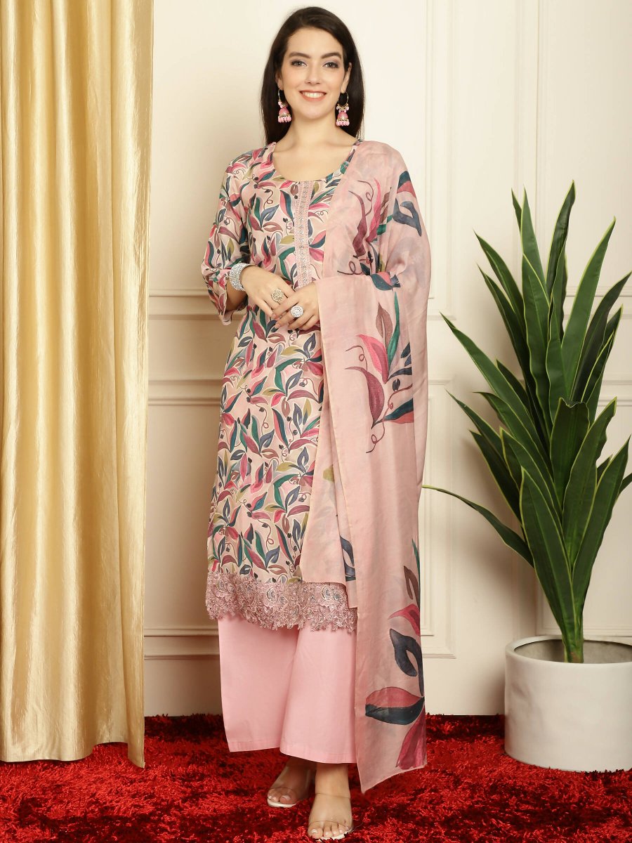 Aastha Fashion Women's Pink Muslin Digital Printed with Embroidered Lace work Kurta with Trouser & Dupatta - Grab2buy