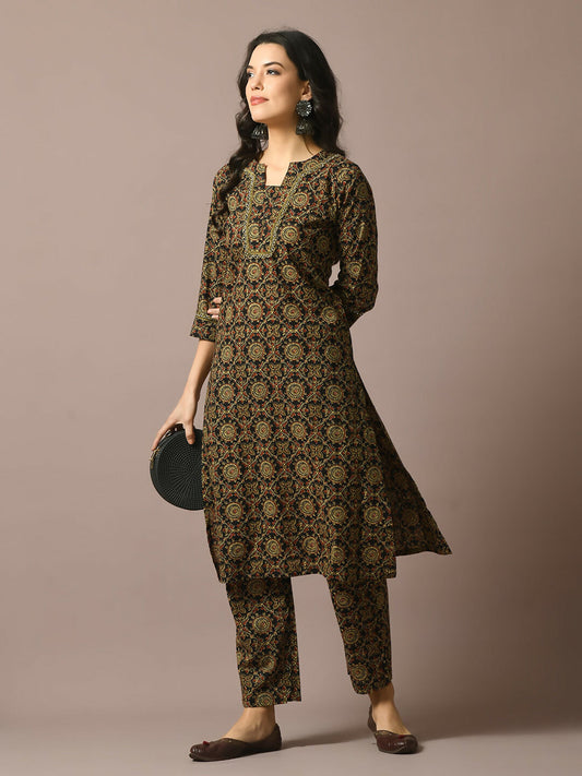 Myshka Women's Multi Printed Cotton Straight Party Kurta Set