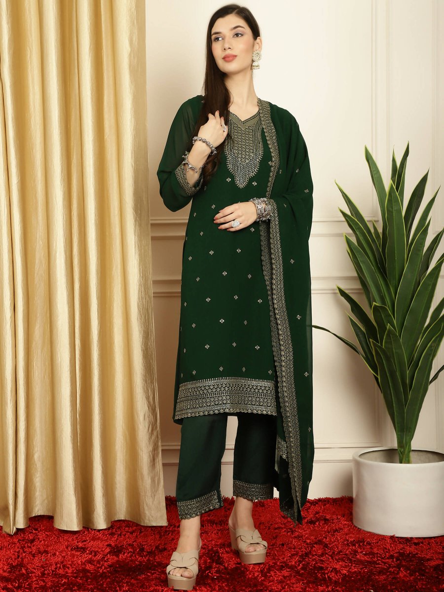 Aastha Fashion Women's Green Georgette Resham Thread & Sequin Kurta with Trouser & Dupatta - Grab2buy