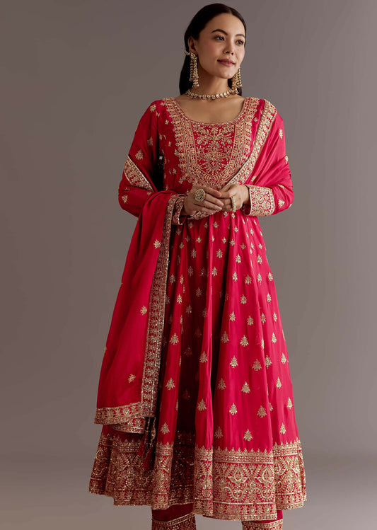 Teeya Creation Red Color Chinnon Silk Embroidery Work Gown