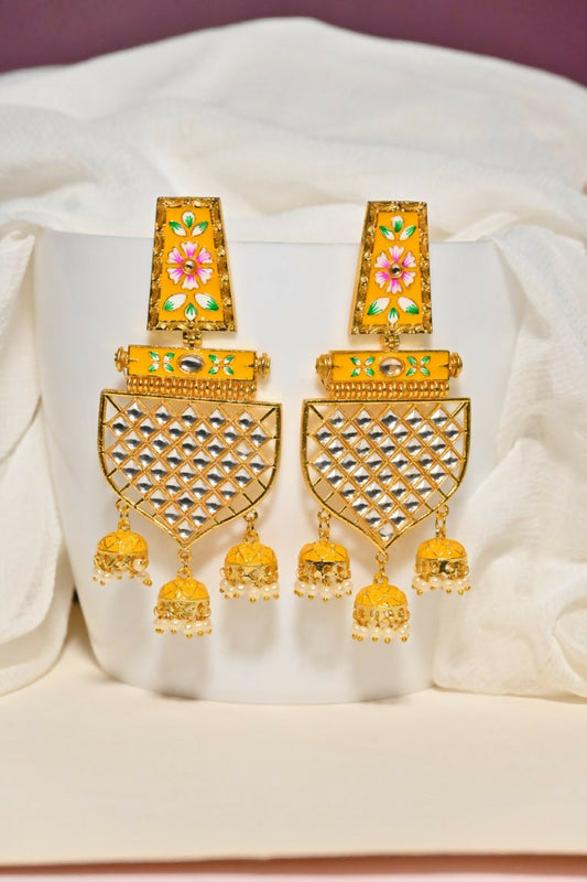 Yellow Traditional Gold-Polished Meenakari Jhumka Jhumki Earrings Indian Jewellery For Women Girls By House of Ree | Grab2Buy
